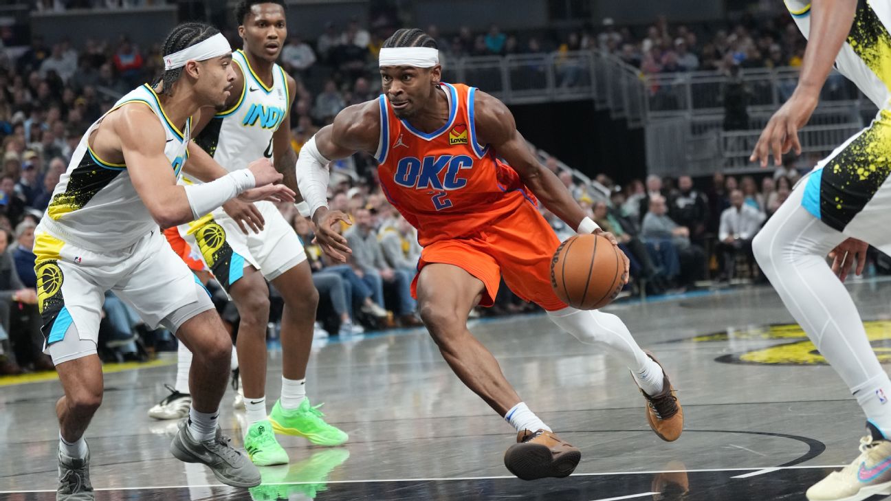 Shai Gilgeous-Alexander drives to the basket vs. Indiana Pacers at Gainbridge Fieldhouse in Indianapolis, Indiana, on Dec. 26, 2024.