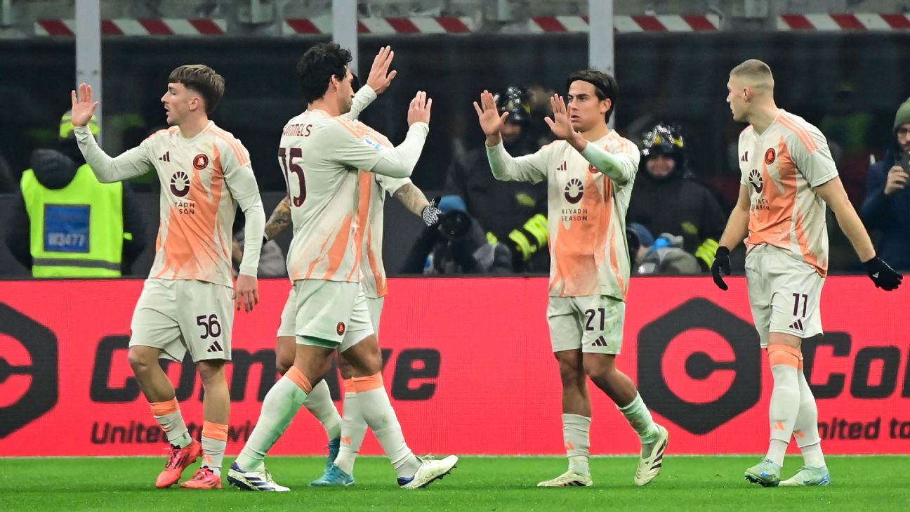 Roma players celebrate after scoring a goal against Milan in Serie A.