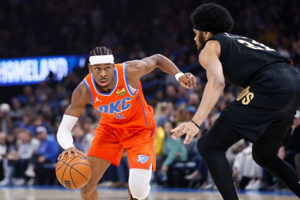 Shai Gilgeous-Alexander dribbles the ball vs. Cleveland Cavaliers at Paycom Center in Oklahoma City, Oklahoma, on Jan. 16, 2025.