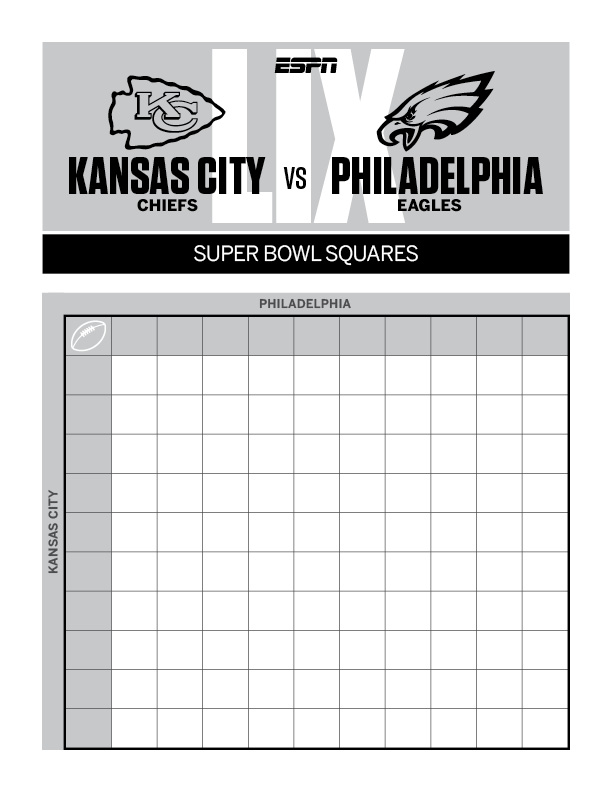2025 Super Bowl Squares Chiefs Eagles Printable Party Sheet ESPN Prop Bets Squares 25