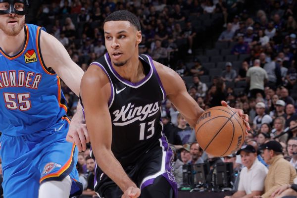 Keegan Murray dribbles the ball vs. Oklahoma City Thunder at Golden 1 Center in Sacramento, California, on Mar. 25, 2025.