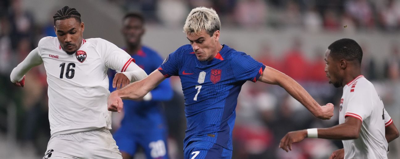 Gio Reyna #7 of the United States scores a goal and celebrates during a Concacaf Nations League game between Trinidad and Tobago and USMNT at Q2 Stadium on November 16, 2023 in Austin, Texas.