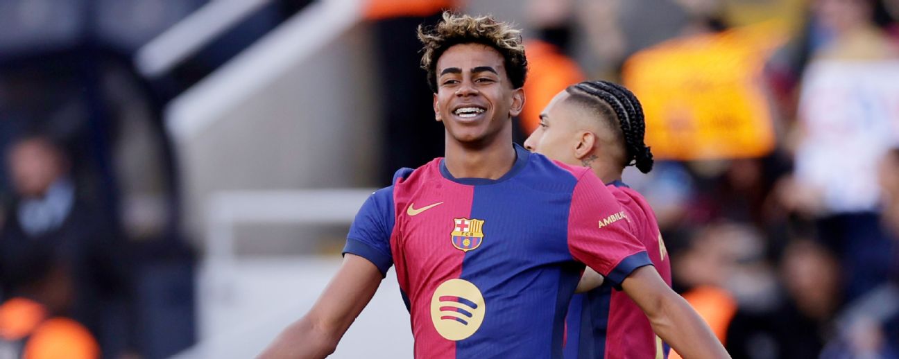Raphinha of FC Barcelona celebrates 4-3 with Lamine Yamal of FC Barcelona  during the LaLiga EA Sports  match between FC Barcelona v Celta de Vigo at the Lluis Companys Olympic Stadium on April 19, 2025 in Barcelona Spain