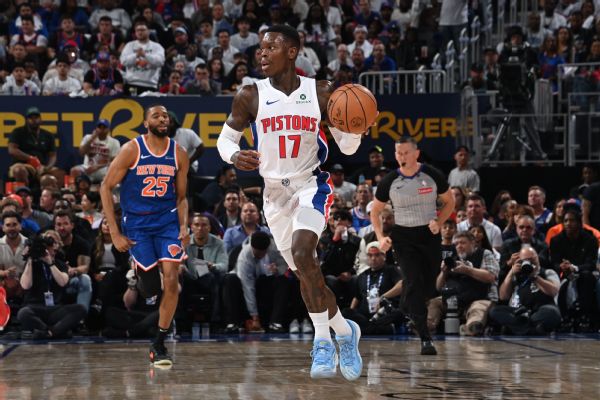Dennis Schroder dribbles the ball vs. New York Knicks at Little Caesars Arena in Detroit, Michigan, on April 24, 2025.