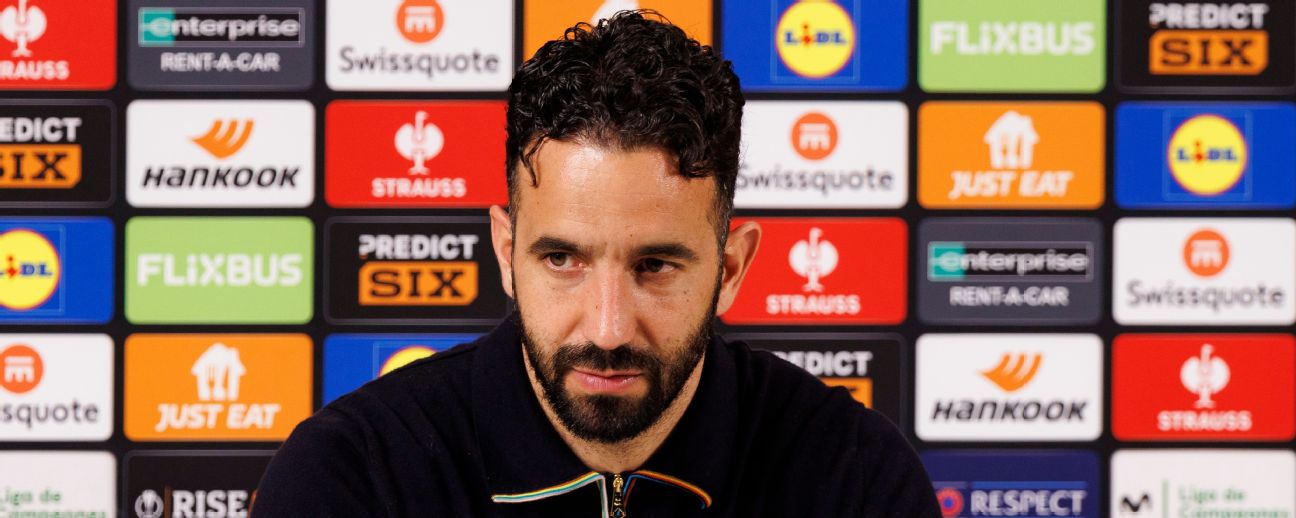Manchester United head coach Ruben Amorim talks during a news conference following the Europa League semifinal win against Athletic Club.