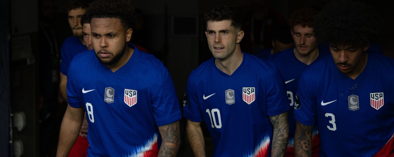 Weston McKennie #8 and Christian Pulisic #10 of the United States walk the fieldduring a game between Panama and USMNT at SoFi Stadium on March 20, 2025 in Inglewood, California