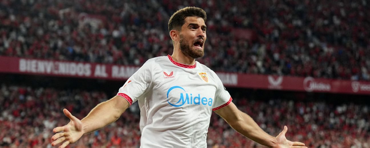 Alvaro Garcia Pascual of Sevilla FC celebrates scoring his team's first goal during the LaLiga match between Sevilla FC and UD Las Palmas at Estadio Ramon Sanchez Pizjuan on May 13, 2025 in Seville, Spain.