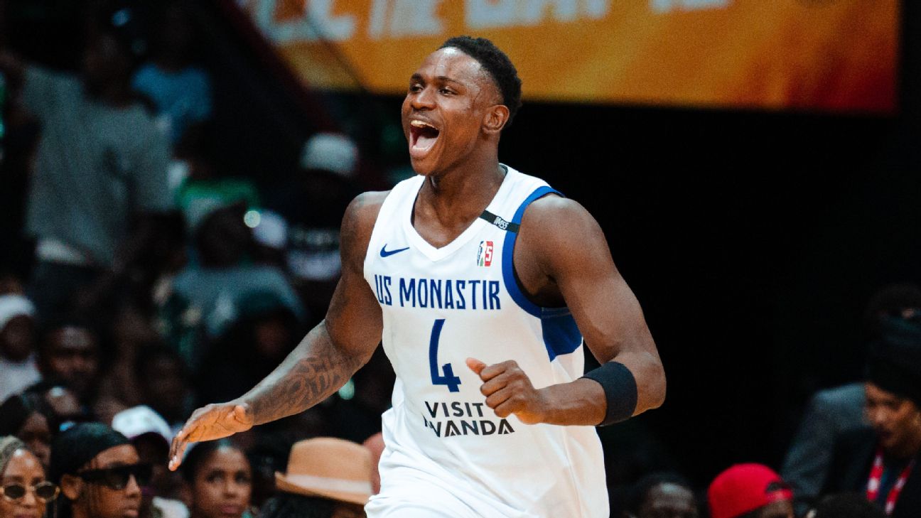 Babacar Sane of U.S. Monastir celebrates during BAL 2025.