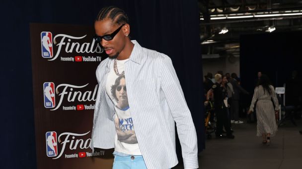 Shai Gilgeous-Alexander arrives for Game 2 of the 2025 NBA Finals.
