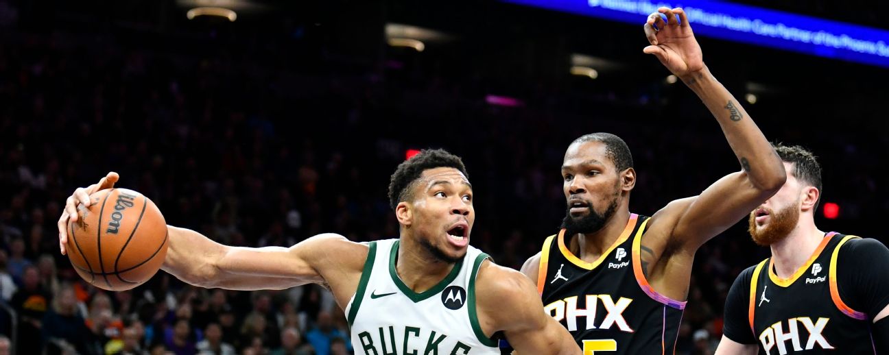 Giannis Antetokounmpo (#34), de los Bucks, y Kevin Durant (#35), de los Suns, serán dos grandes atractivos en la pretemporada de la NBA.