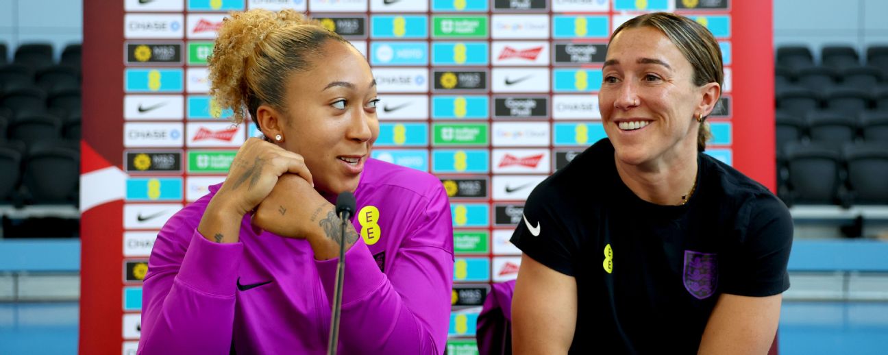 Lauren James and Lucy Bronze of England are interviewed during a media day at St Georges Park

