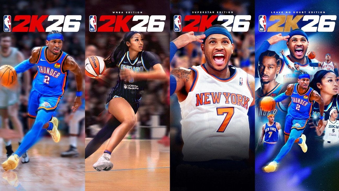 Shai Gilgeous-Alexander, Angel Reese, and Carmelo Anthony on the NBA 2K26 covers.