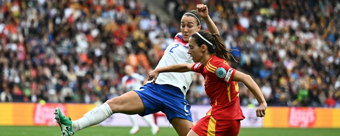England's defender #02 Lucy Bronze and Spain's midfielder #06 Aitana Bonmati fight for the ball during the UEFA Women's Euro 2025 final football match between England and Spain
