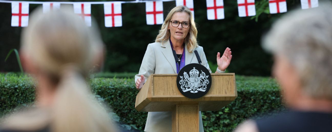 England's Dutch head coach Sarina Wiegman addresses a reception for the England Women's national football team arrive in the garden at Downing Street in central London
