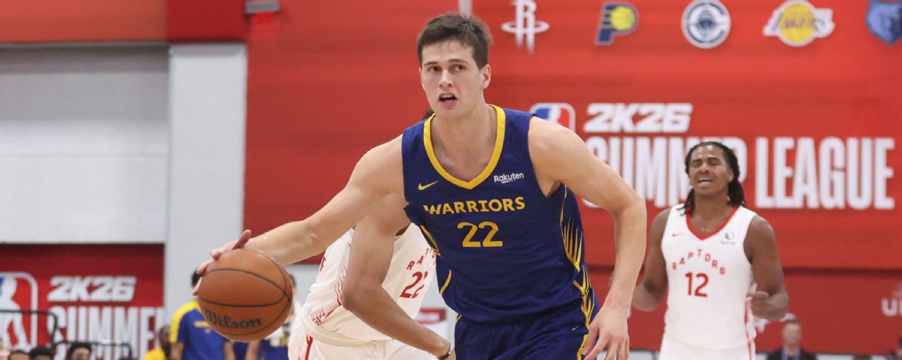 Alex Toohey dribbles the ball during Golden State Warriors' Summer League game against Toronto Raptors in Las Vegas, July 17, 2025