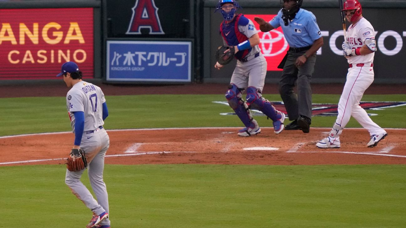 <a href="https://www.espn.com/mlb/story/_/id/45970861/dodgers-shohei-ohtani-fans-mike-trout-twice-pitching-5th-inning-return-angels-mound" target="_blank">Ohtani pitches into 5th but Dodgers fall out of 1st</a>