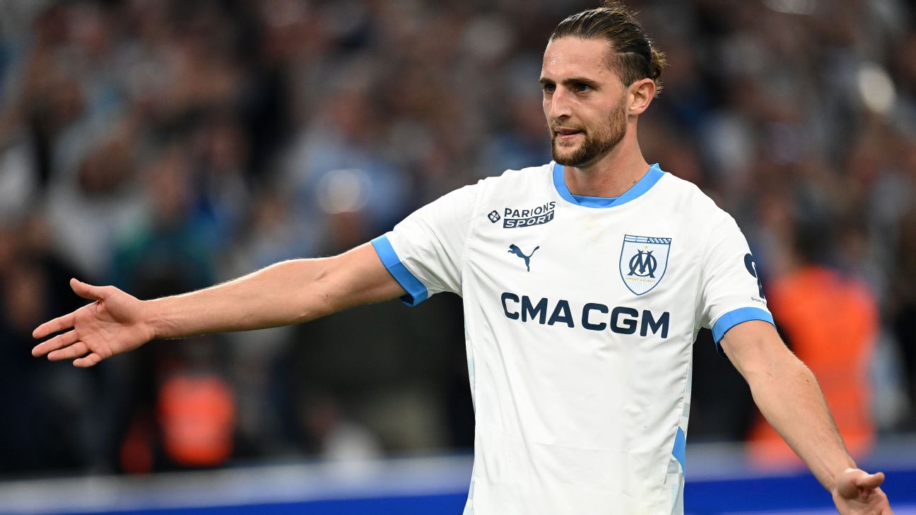 Adrien Rabiot of Olympique de Marseille points during the Ligue 1 match between Olympique de Marseille and Toulouse FC at Orange Stade Velodrome on April 6, 2025 in Marseille, France
