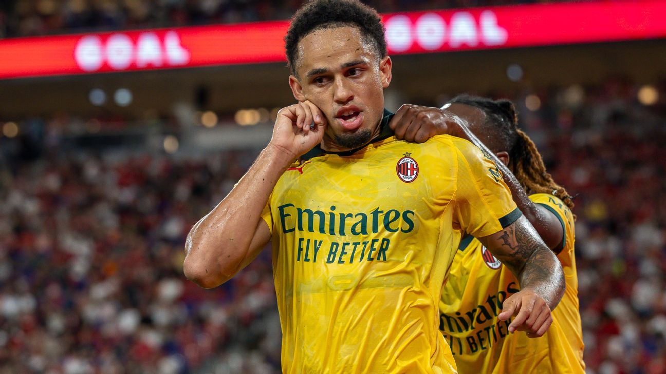 Noah Okafor of AC Milan (front) celebrates after scoring his goal  during the Liverpool FC v AC Milan Pre-Season Friendly match at Kai Tak Stadium on July 26, 2025 in Hong Kong, China.