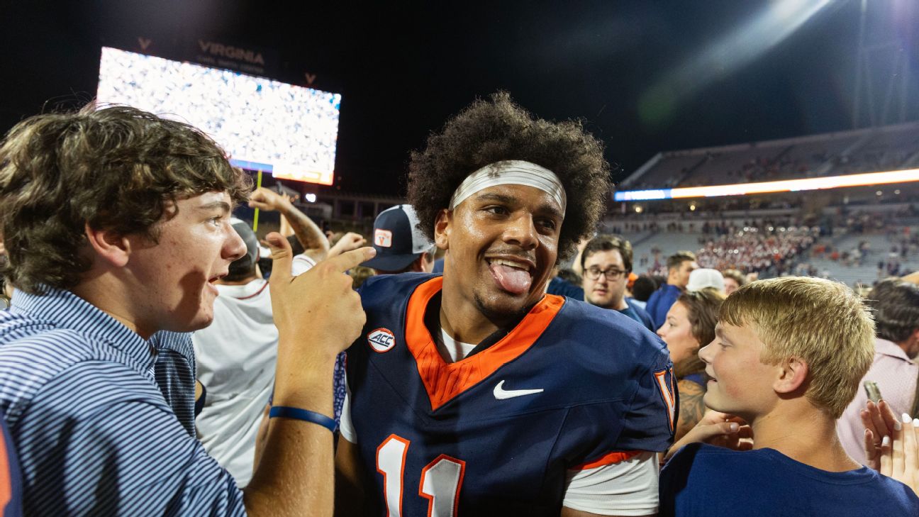 <a href="https://www.espn.com/college-football/story/_/id/46392654/virginia-prevails-2ot-florida-state-end-zone-bobble" target="_blank">Virginia stuns No. 8 FSU in 2OT as fans storm field</a>