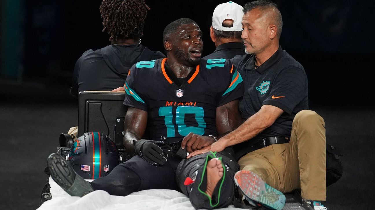 <a href="https://www.espn.com/nfl/story/_/id/46427941/dolphins-tyreek-hill-carted-vs-jets-left-knee-injury" target="_blank">Sources: Dolphins’ Hill tore ACL, other ligaments</a>