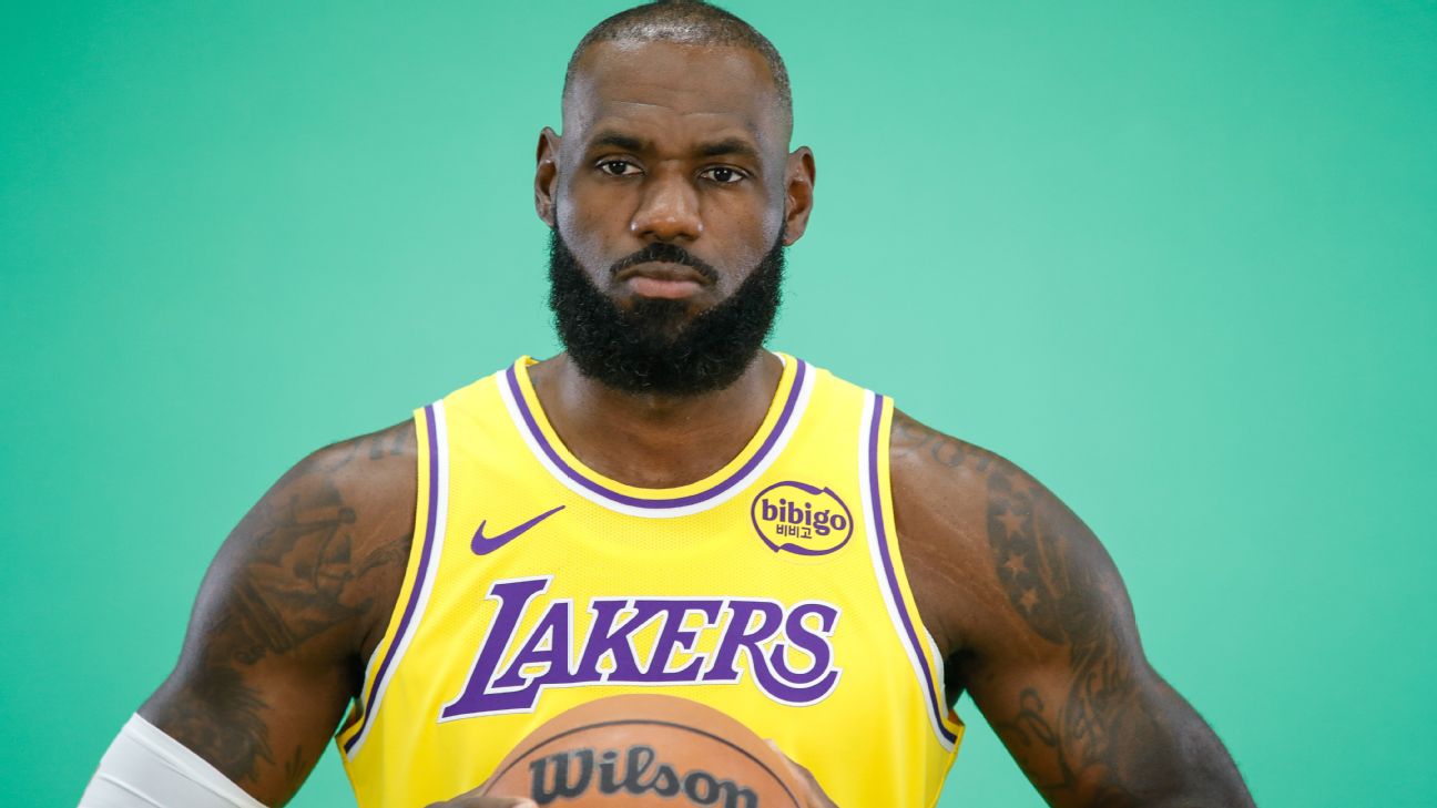 LeBron James posing for his picture during media day for his 23rd NBA season.