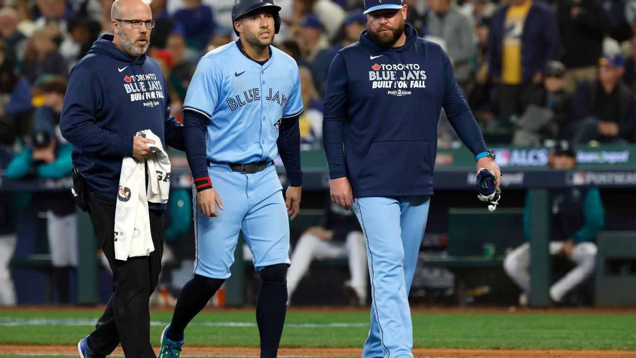 <a href="https://www.espn.com/mlb/story/_/id/46630870/blue-jays-george-springer-exits-alcs-game-5-mariners-knee-hit-pitch" target="_blank">Springer hurt on HBP; Schneider calls out fan boos</a>