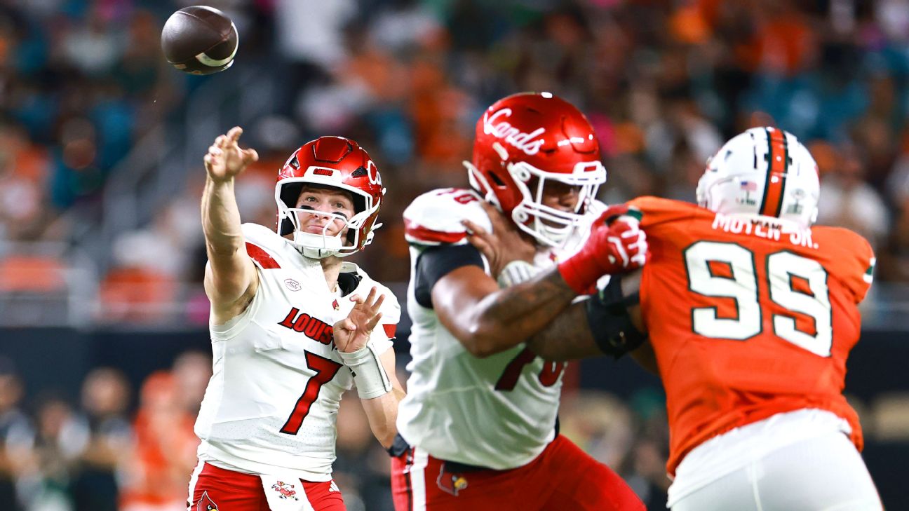 <a href="https://www.espn.com/college-football/story/_/id/46631919/carson-beck-throws-4-ints-louisville-stuns-no-2-miami" target="_blank">Louisville’s ‘great plan’ rattles Beck, No. 2 Miami</a>