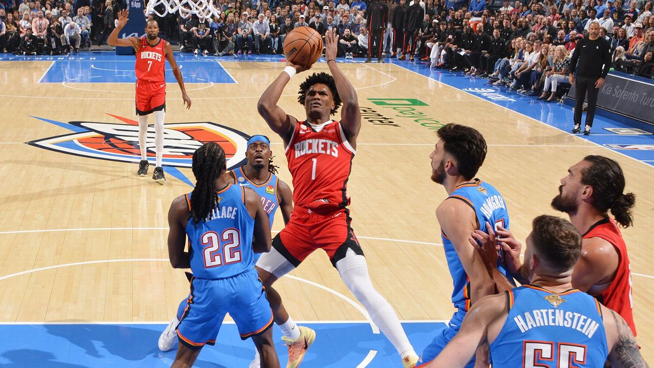 Amen Thompson #1 of the Houston Rockets drives to the basket during the game against the Oklahoma City Thunder  on October 21, 2025 at Paycom Center in Oklahoma City, Oklahoma.