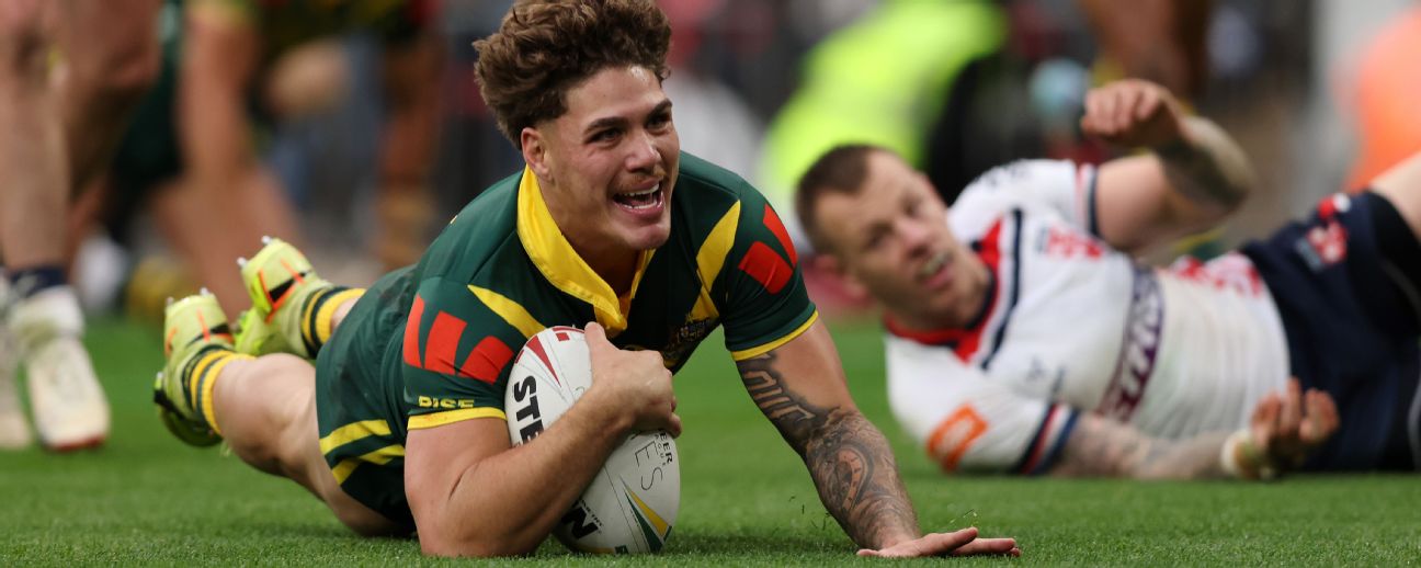Reece Walsh of Australia scores against England in 2025. — Article image accompanying Rugby League World Cup: Teams, line-ups, tips, odds, everything you need to know for the weekend on WagerUp Sports News.