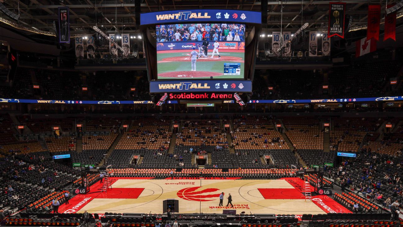 The sports equinox unites fans across all major sports, as evident by heavy betting volume and this watch party at the Toronto Raptors' Scotiabank Arena for the Blue Jays' Game 1 win in the World Series.
