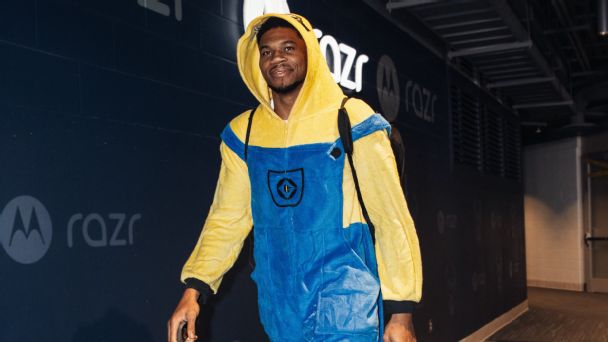 Giannis Antetokounmpo dressed as a minion from the film series "Despicable Me" before the Bucks game on Thursday.