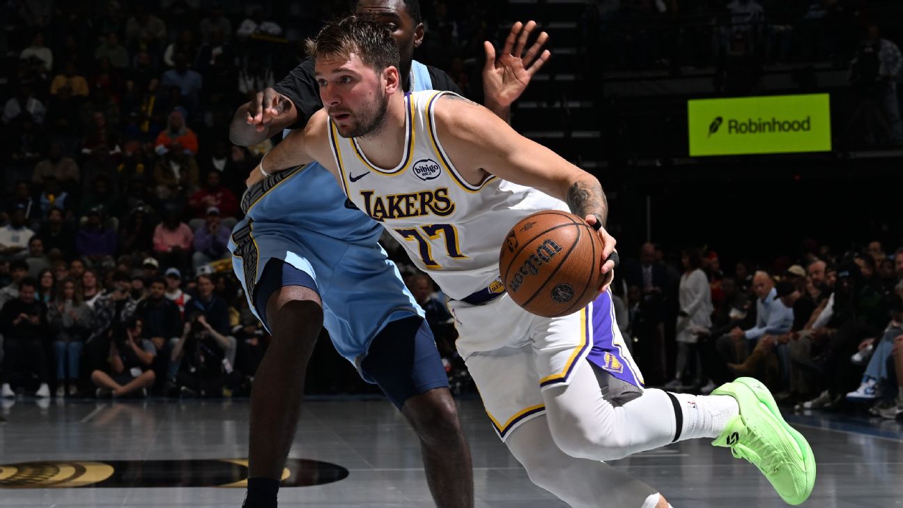 The Lakers' Luka Doncic drives to the basket during the NBA Cup game against the Grizzlies, October 31, 2025