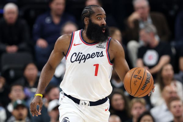 James Harden dribbles the ball vs. Oklahoma City Thunder at Intuit Dome in Inglewood, California, on Nov. 4, 2025.