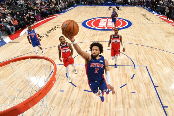 Cade Cunningham drives to the basket vs. Washington Wizards at Little Caesars Arena in Detroit, Michigan, on Nov. 10, 2025.