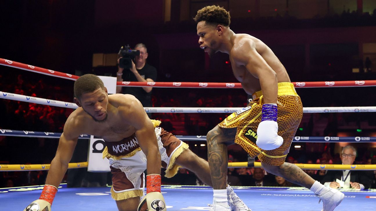 <a href="https://www.espn.com/boxing/story/_/id/47067202/haney-dominates-norman-capture-wbo-welterweight-title" target="_blank">Haney becomes 3-division champ in dominant win</a>