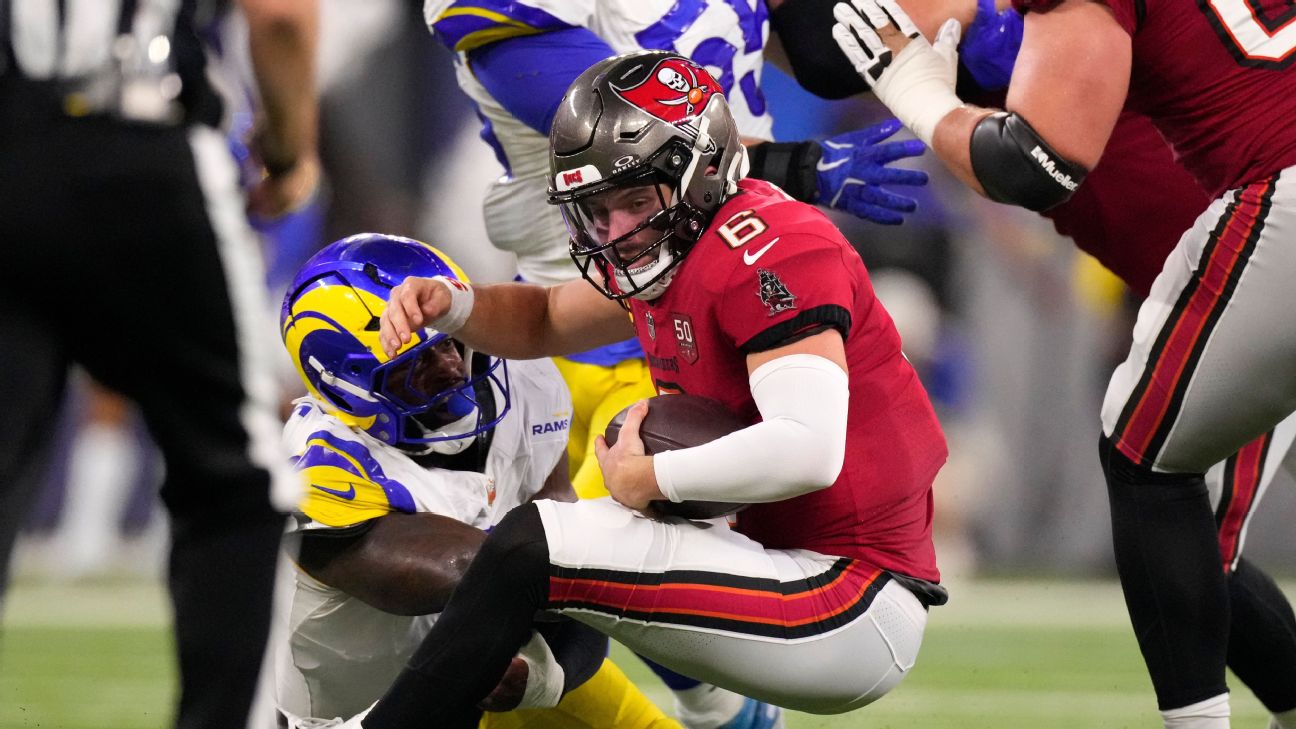 <a href="https://www.espn.com/nfl/story/_/id/47080295/bucs-baker-mayfield-exits-vs-rams-left-shoulder-injury" target="_blank">Mayfield sprains left shoulder in loss; MRI next</a>