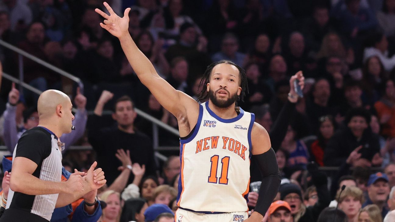 Jalen Brunson celebrates a three-point basket vs. Atlanta Hawks at Madison Square Garden in New York City, New York, on Jan. 2, 2026.