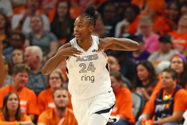 Article image accompanying Aces guard Jewell Loyd ruled out for Game 2 vs. Valkyries on WagerUp Sports News.