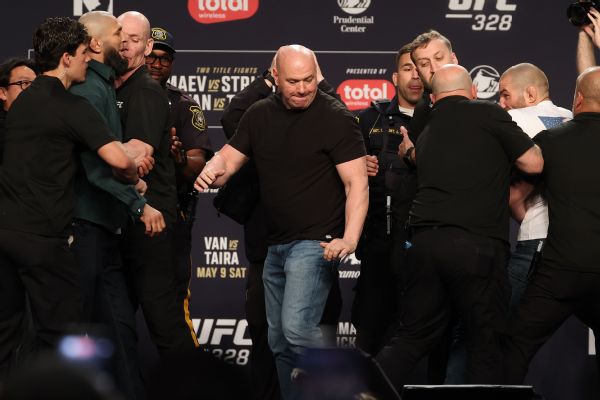 Khamzat Chimaev kicks Sean Strickland ahead of UFC 328 fight
