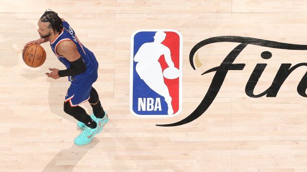 Jalen Brunson of the New York Knicks dribbles the ball during the game against the San Antonio Spurs during Game 5 of the 2026 NBA Finals on June 13, 2026 at Frost Bank Center in San Antonio, Texas.  [608x342]