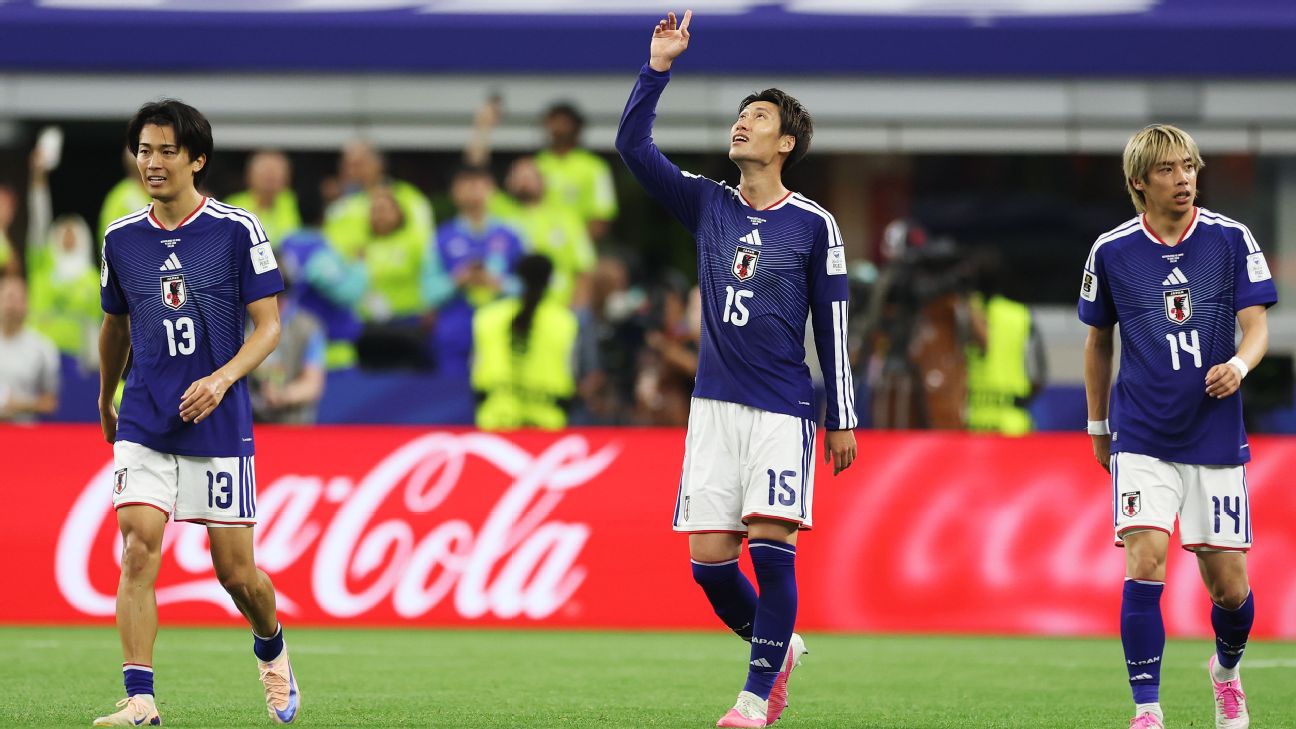Daichi Kamada celebrates after his goal saw Japan draw with Netherlands.