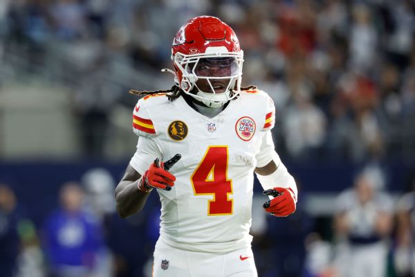 Kansas City Chiefs wide receiver Rashee Rice (4) lines up for the snap during a NFL football game against the Dallas Cowboys, Nov. 27, 2025, in Arlington, Texas.