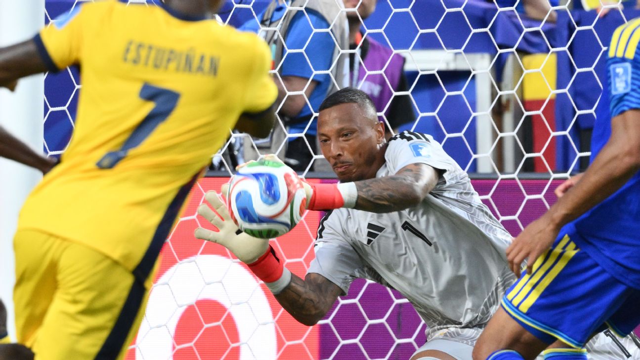 Eloy Room makes one of his 15 saves in Curaçao's draw with Ecuador.