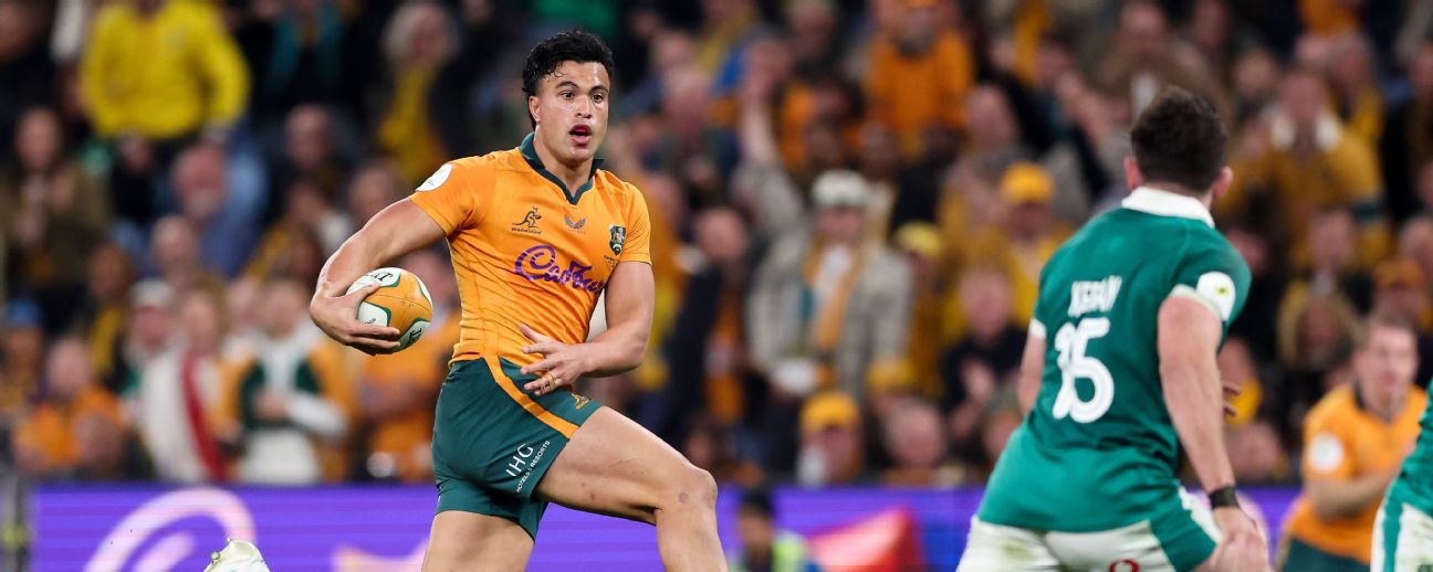 Joseph-Aukuso Suaalii in action for Australia. — Article image accompanying Hobbled Joseph-Aukuso Suaalii scratched for Wallabies' Japan rematch on WagerUp Sports News.