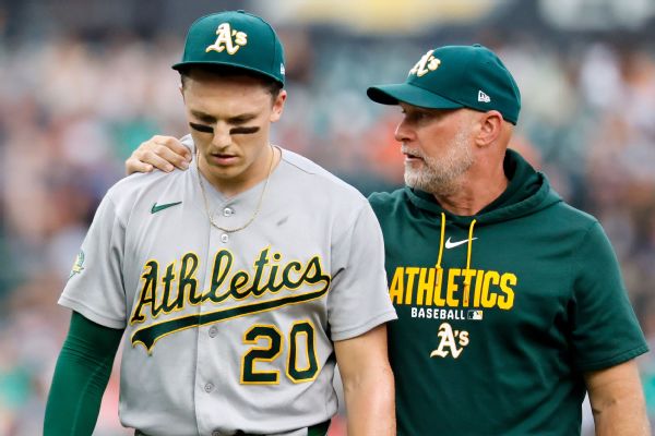 Athletics' Zack Gelof exits early after colliding with fence