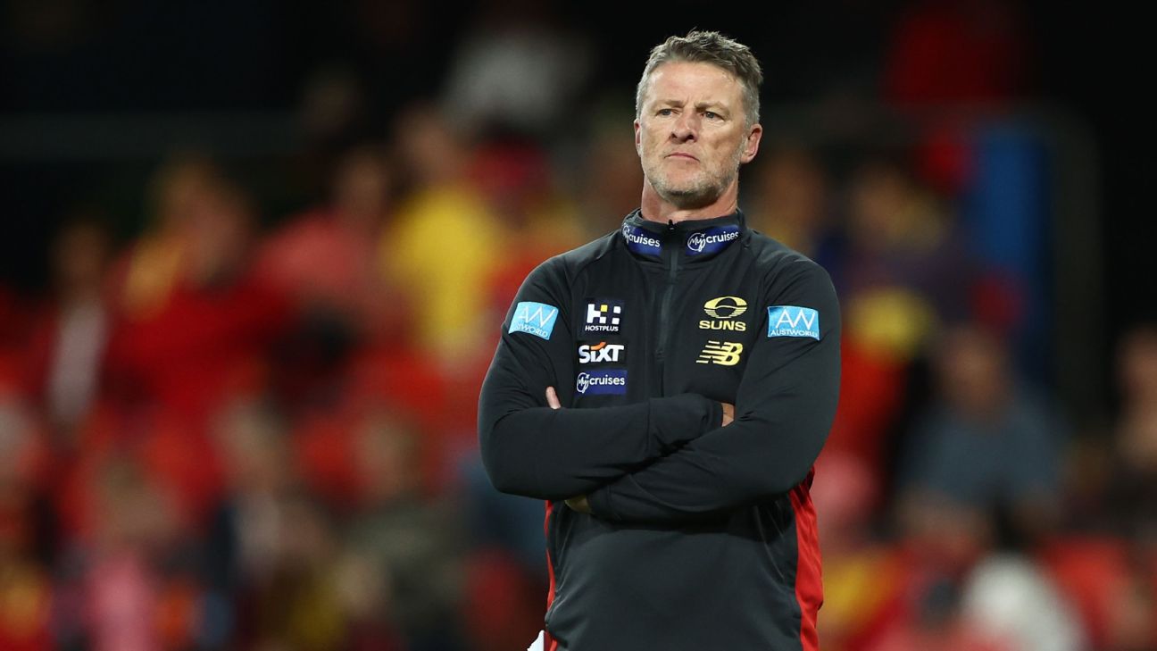 Damien Hardwick and the Suns have endured a horror 2026 campaign. — Article image accompanying Hardwick apologises to Suns after 'emotional' comments on WagerUp Sports News. Damien Hardwick and the Suns have endured a horror 2026 campaign. — Article image accompanying Hardwick apologises to Suns after 'emotional' comments on WagerUp Sports News.