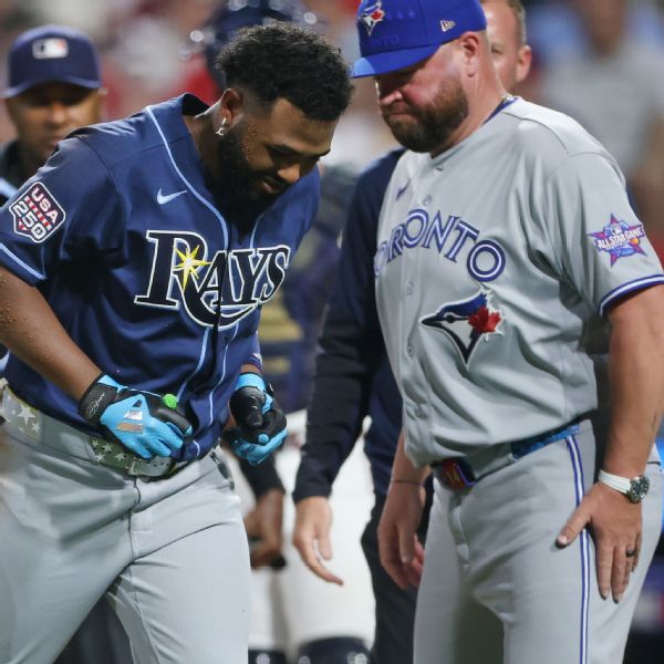 AL 3B Junior Caminero hit by pitch, exits in third inning