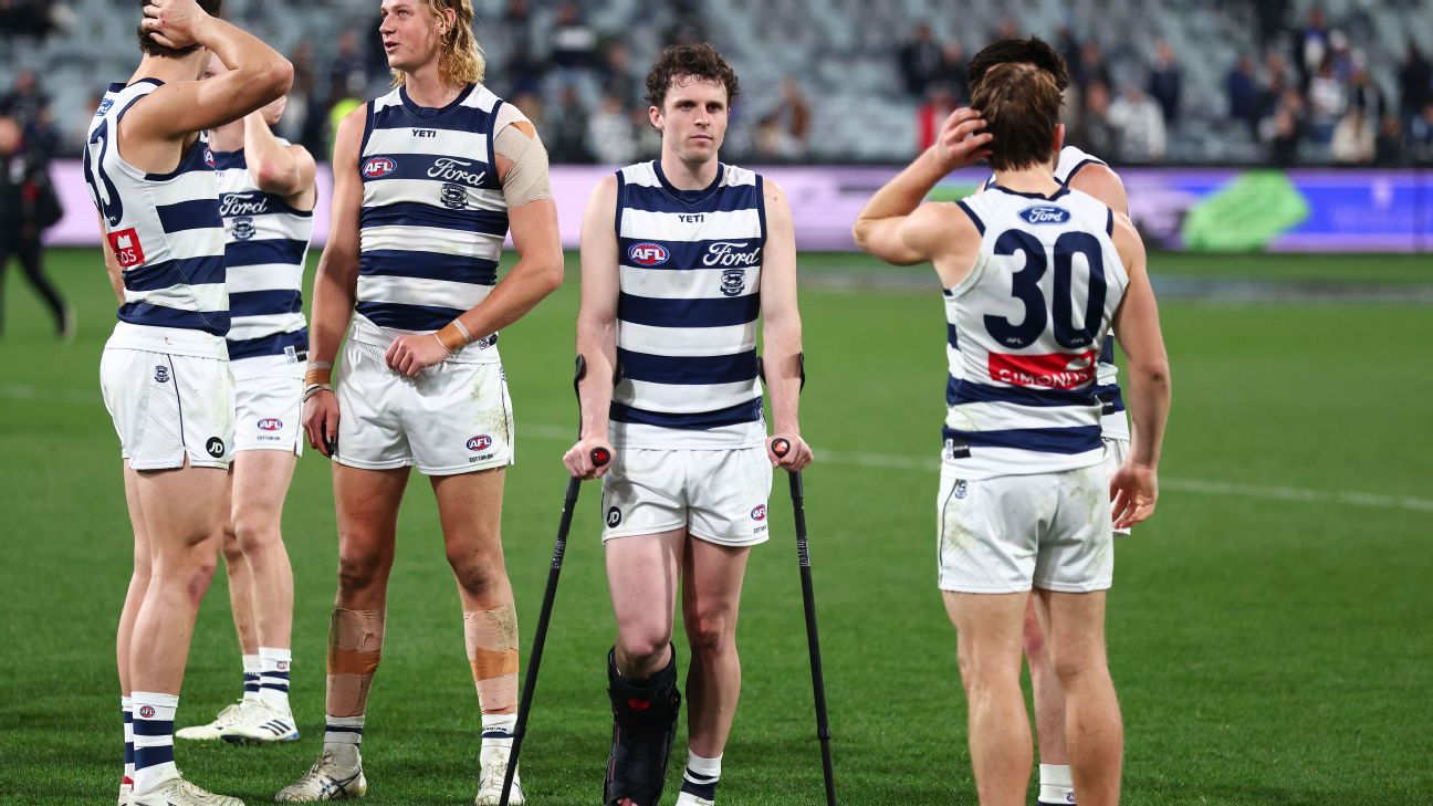 Max Holmes is seen on crutches after the game. — Article image accompanying Geelong star to undergo surgery in another blow on WagerUp Sports News. Max Holmes is seen on crutches after the game. — Article image accompanying Geelong star to undergo surgery in another blow on WagerUp Sports News.