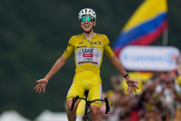 Slovenia's Tadej Pogacar celebrates winning Stage 14 of the Tour de France on Saturday, extending his overall lead in cycling's most prestigious race. — Article image accompanying Pogacar wins 14th stage, increases overall lead at Tour de France on WagerUp Sports News. Slovenia's Tadej Pogacar celebrates winning Stage 14 of the Tour de France on Saturday, extending his overall lead in cycling's most prestigious race. — Article image accompanying Pogacar wins 14th stage, increases overall lead at Tour de France on WagerUp Sports News.