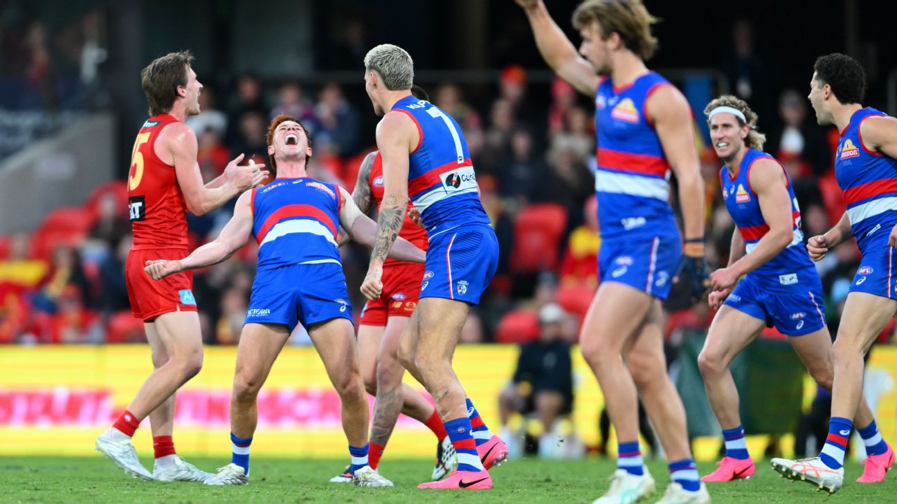 Ed Richards celebrates goal during the Bulldogs' important win over the Suns. — Article image accompanying Bulldogs pile more misery on Suns in nine-point win on WagerUp Sports News. Ed Richards celebrates goal during the Bulldogs' important win over the Suns. — Article image accompanying Bulldogs pile more misery on Suns in nine-point win on WagerUp Sports News.
